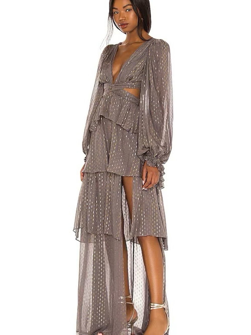 For Love & Lemons Taupe Maxi Dress with Gold Dot Detail - Picture 3 of 7